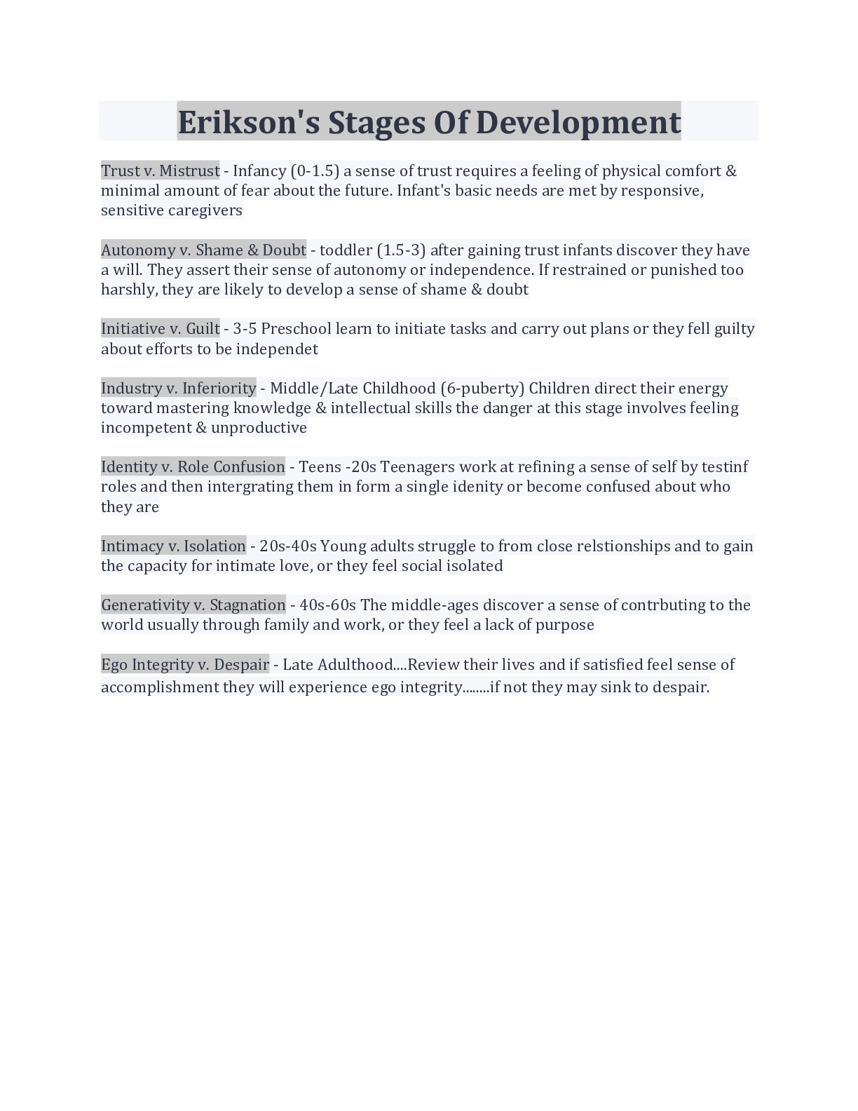 Preview image for Erikson's Stages Of Development Terms And Explanation